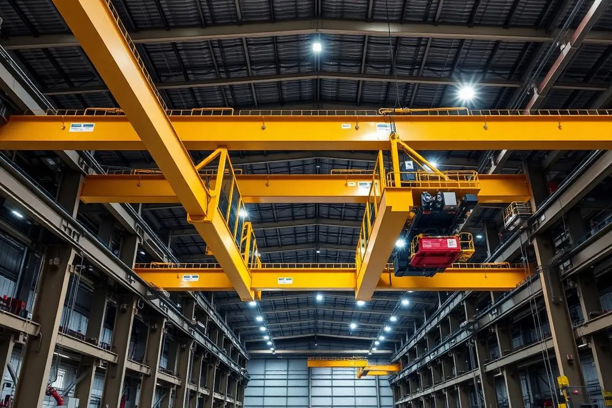 Two overhead bridge cranes sharing a runway in a factory bay with anti-collision sensors on the end trucks