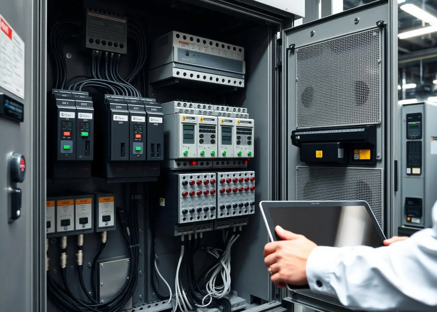 Industrial automation cabinet with variable frequency drives and PLC modules