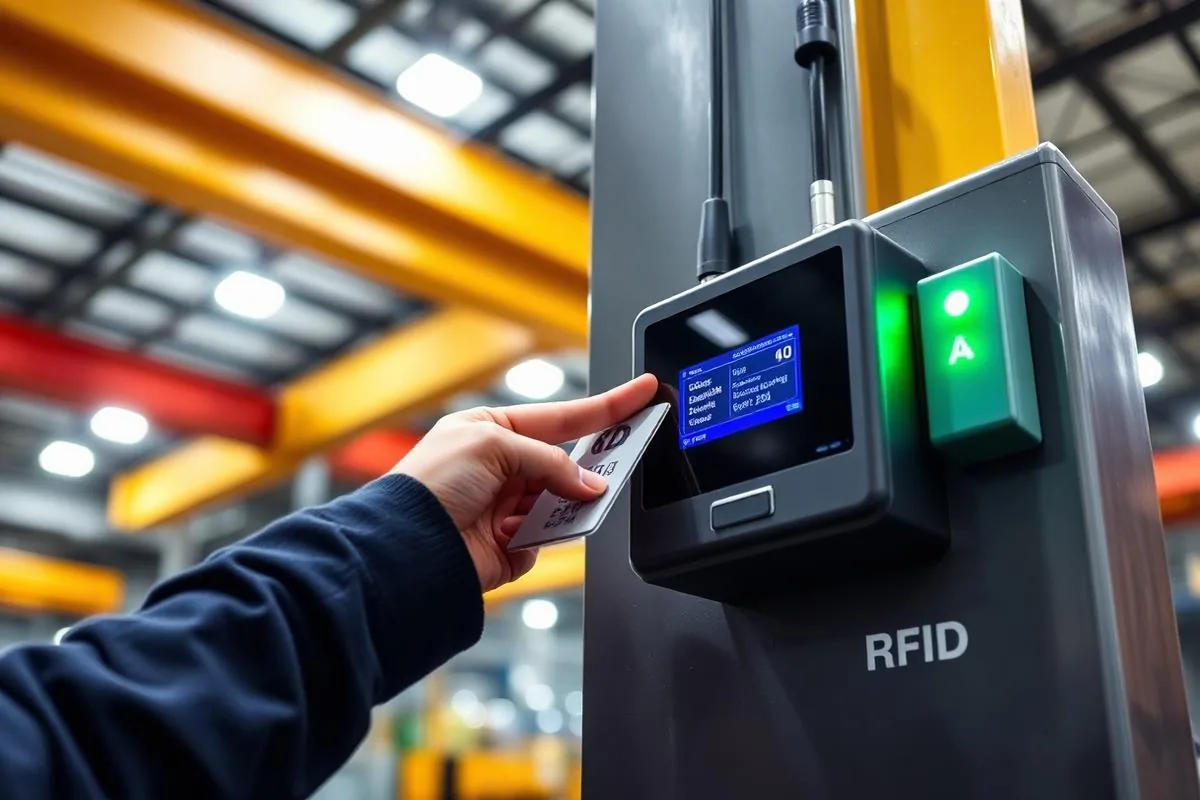 Operator using an RFID swipe card reader to authorize an overhead crane