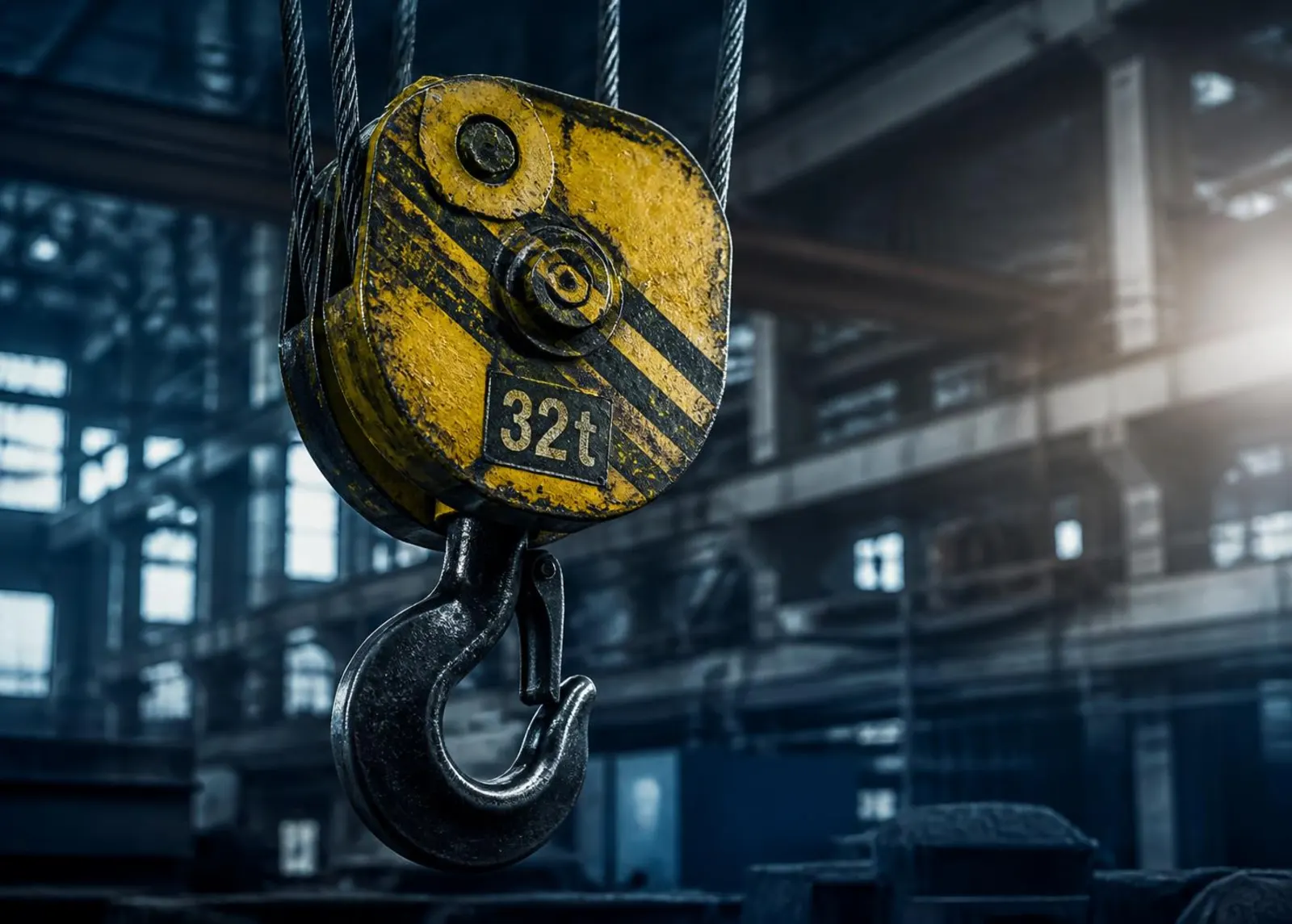Crane hook block and rigging in an industrial workshop