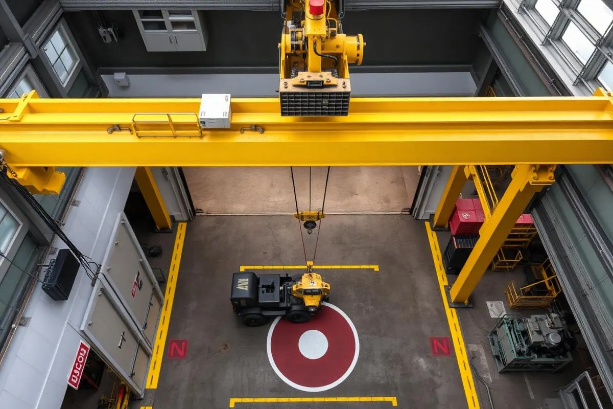Overhead crane above a factory bay with painted floor zones and a restricted no-fly area around machinery