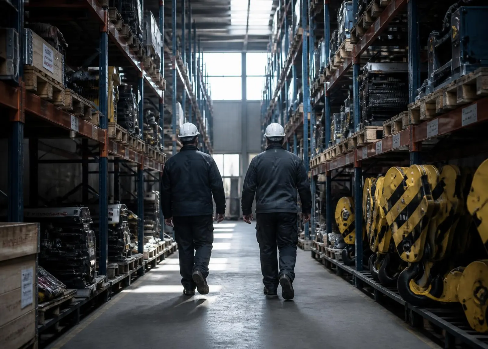 Workers walking through a distribution warehouse stocked with crane components