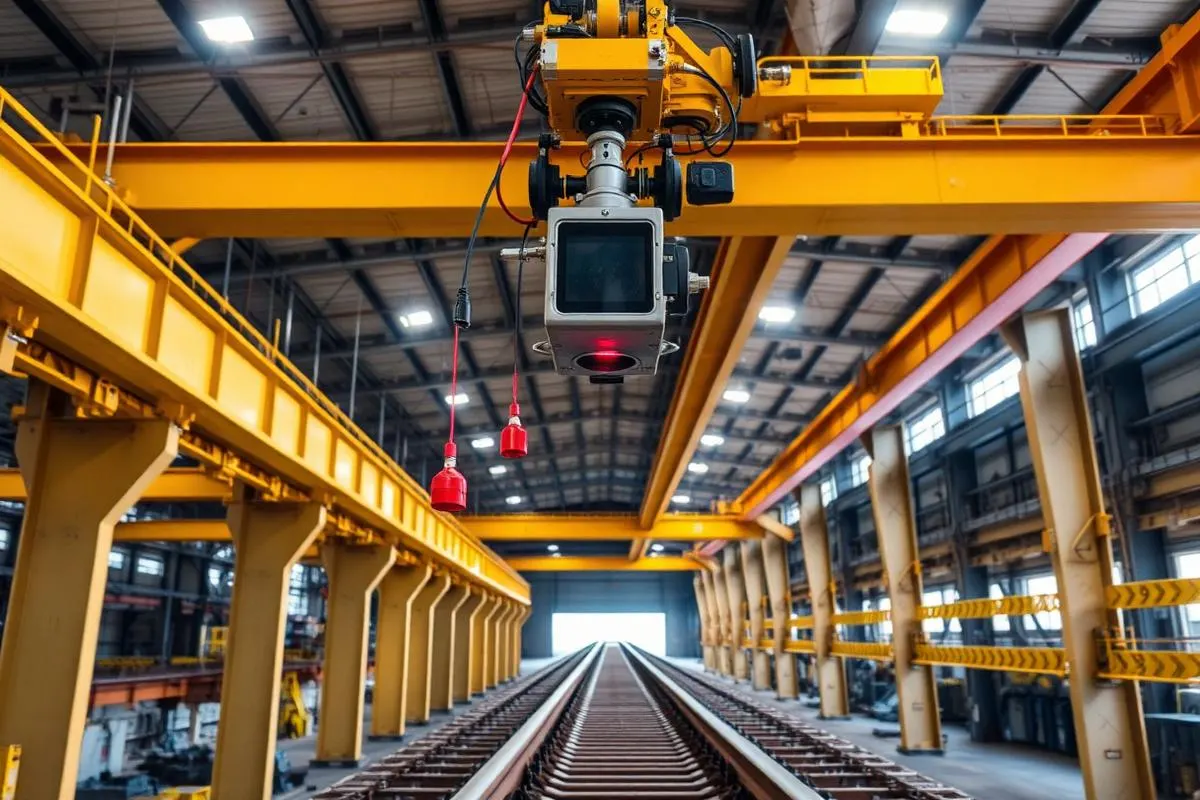 Laser distance measurement sensor mounted on an overhead crane bridge aiming down the runway