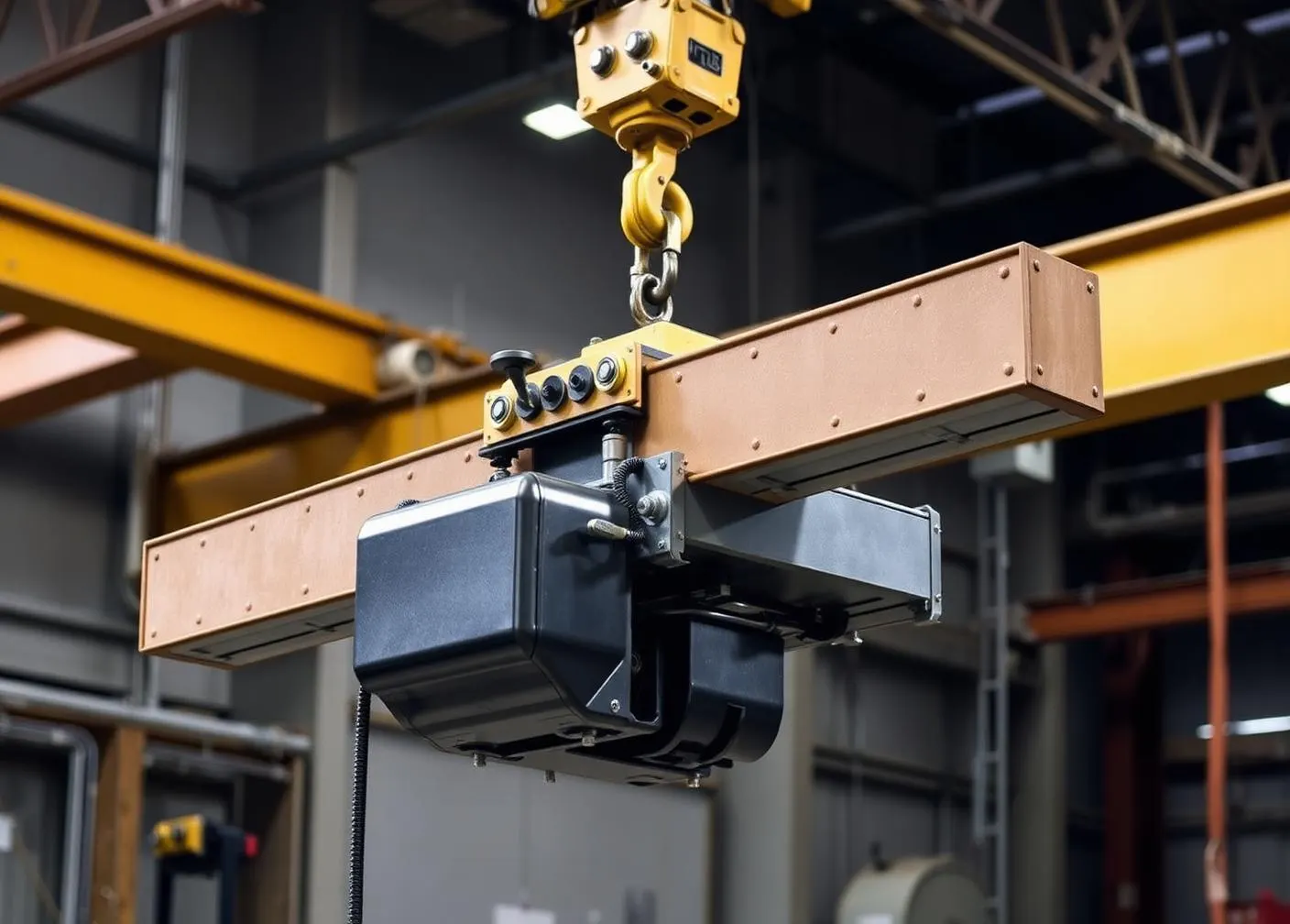 Motorized adjustable spreader beam with powered rotation hanging from a crane hook