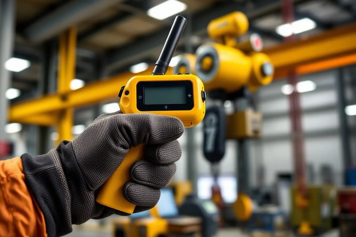 Pistol-grip radio remote control used to operate an overhead crane