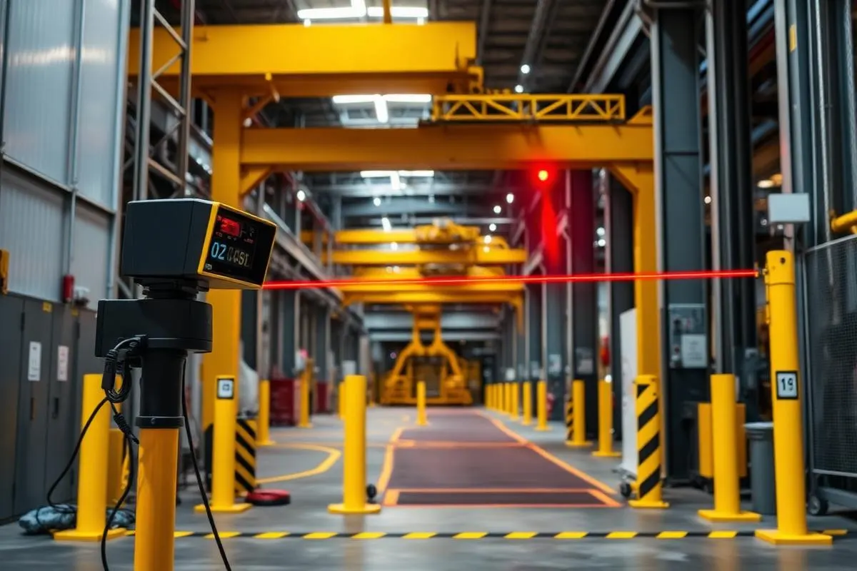 Safety laser area scanner and light curtain guarding the entrance to a crane load zone