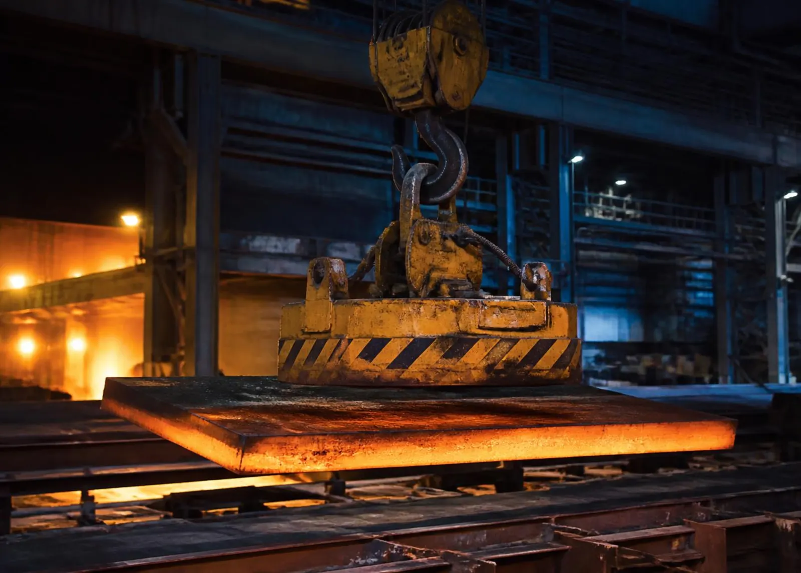 Lifting magnet handling steel plate inside a heavy industrial mill