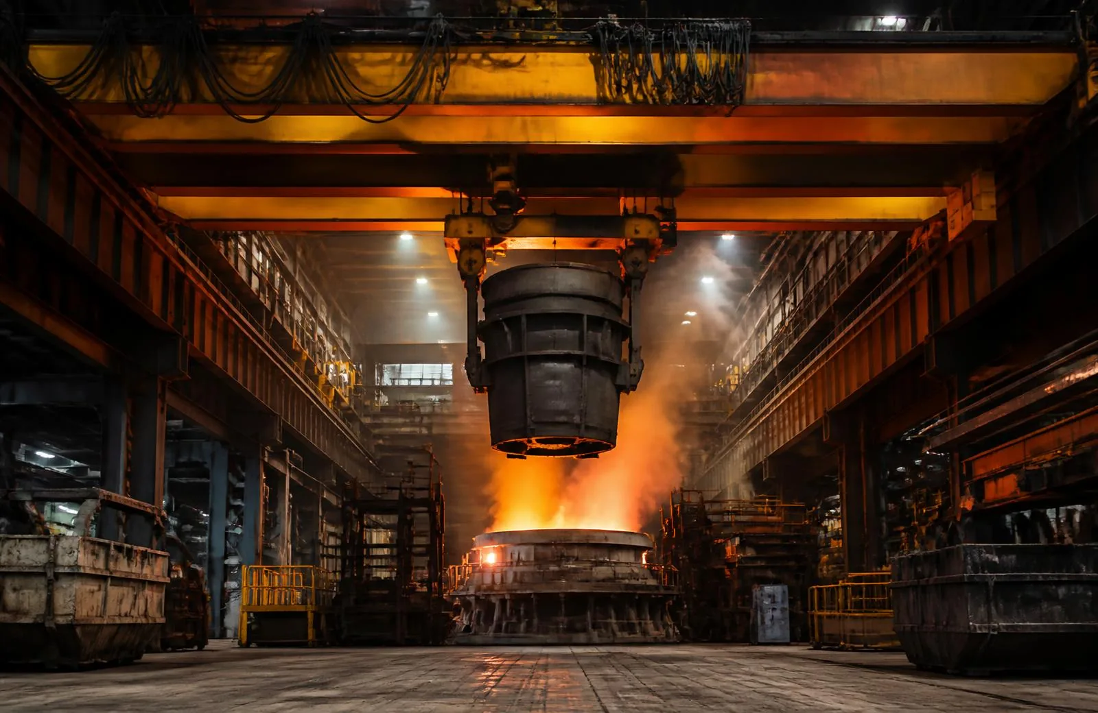 Heavy ladle crane carrying a steel ladle above an electric arc furnace