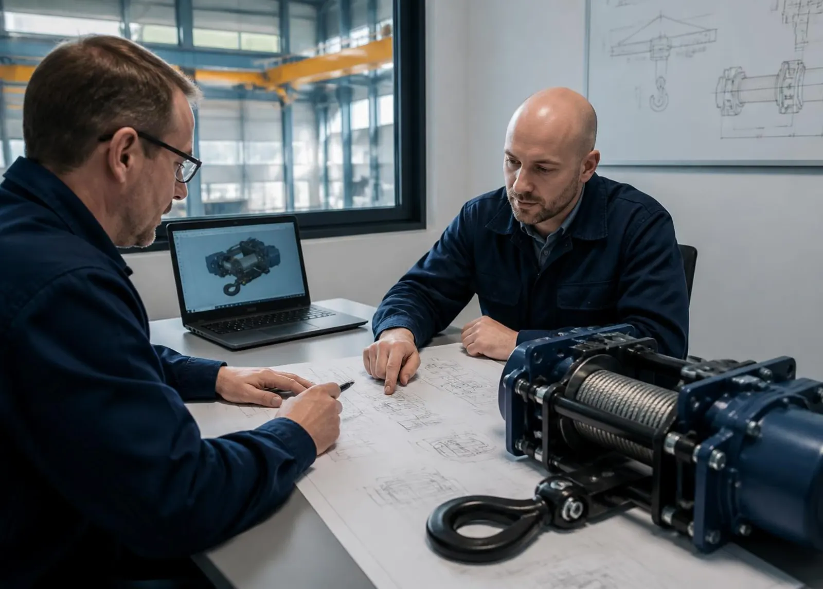 Technical product discussion over crane and hoist assembly drawings