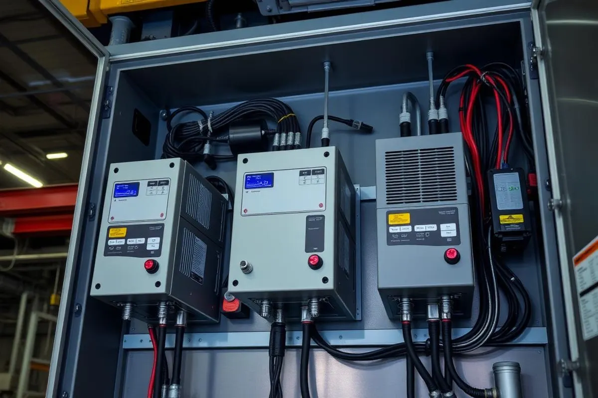 Variable-frequency drive and crane control panel inside an electrical enclosure