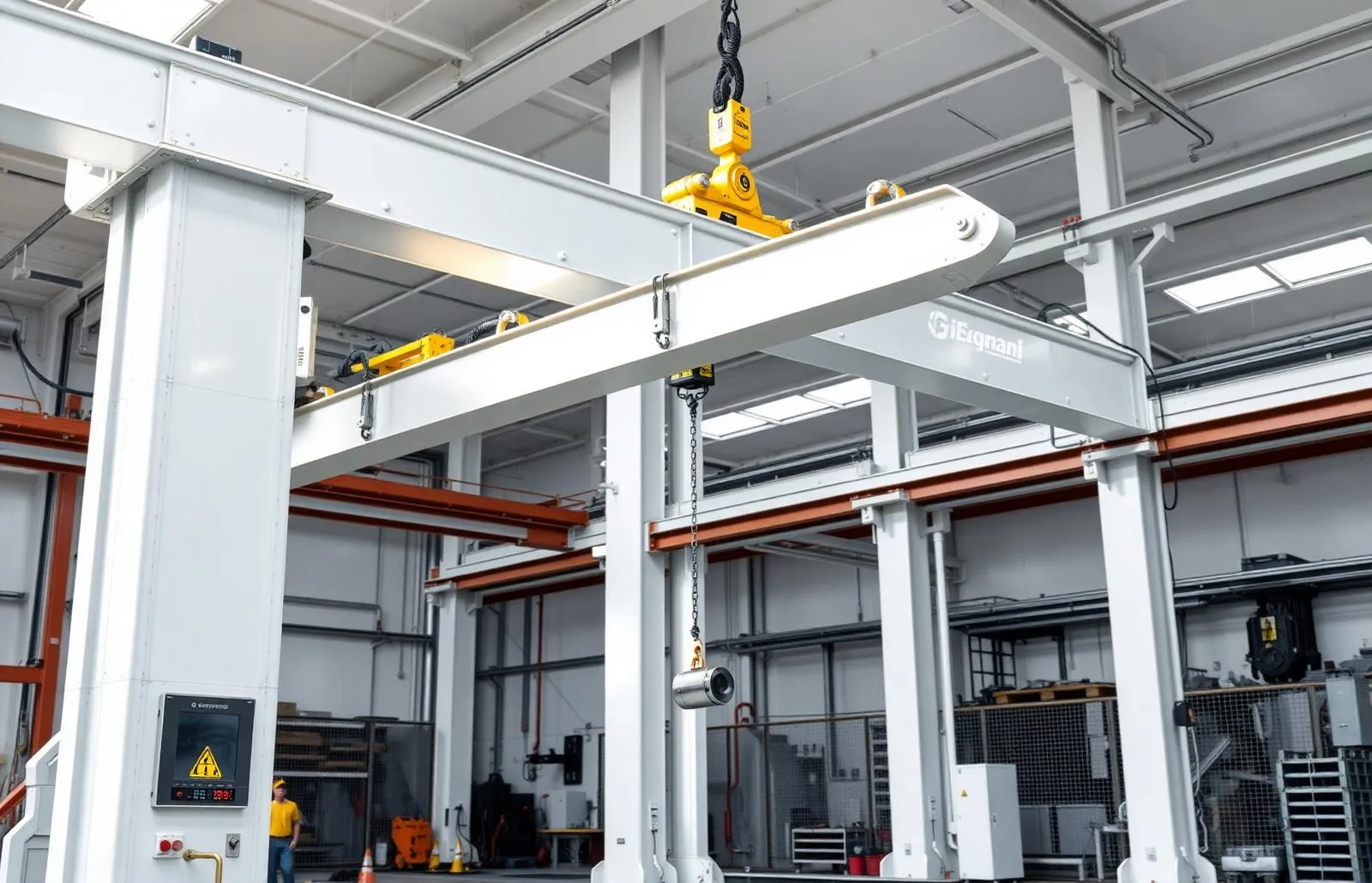 Aluminum workstation bridge crane and jib crane in a manufacturing plant
